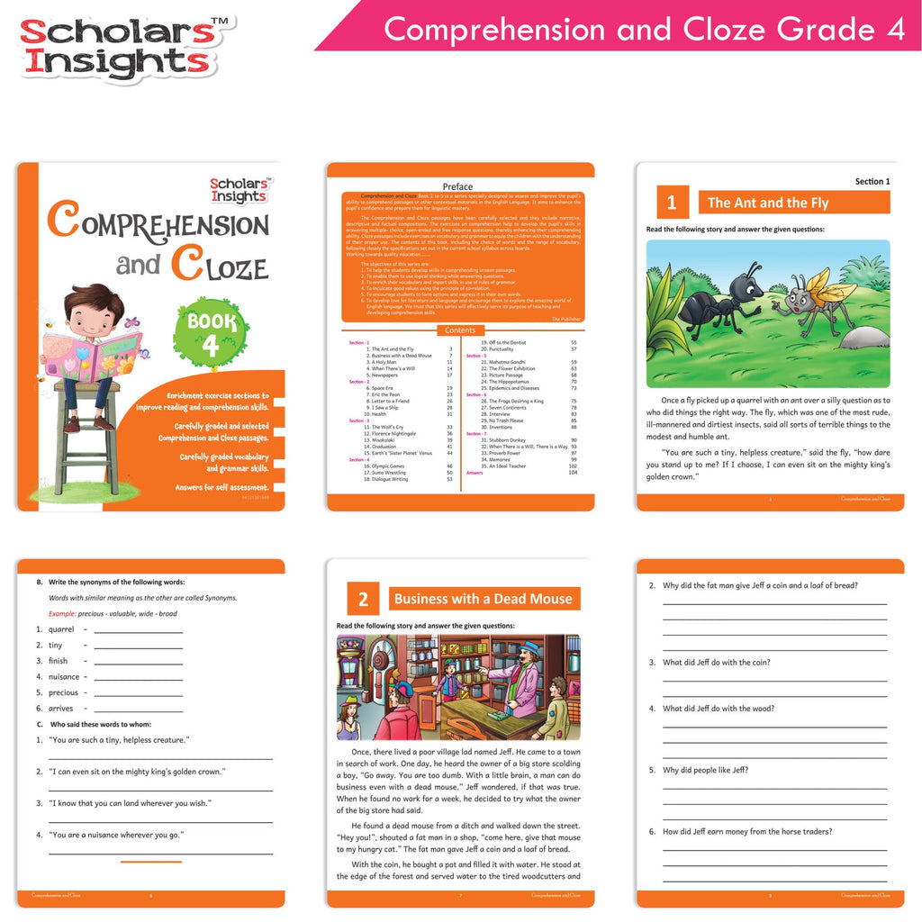 Scholars Insights Comprehension and Cloze Grade 4|English Vocabulary, Grammar Skill Book 4| Ages 9-10 Years | Grocsy