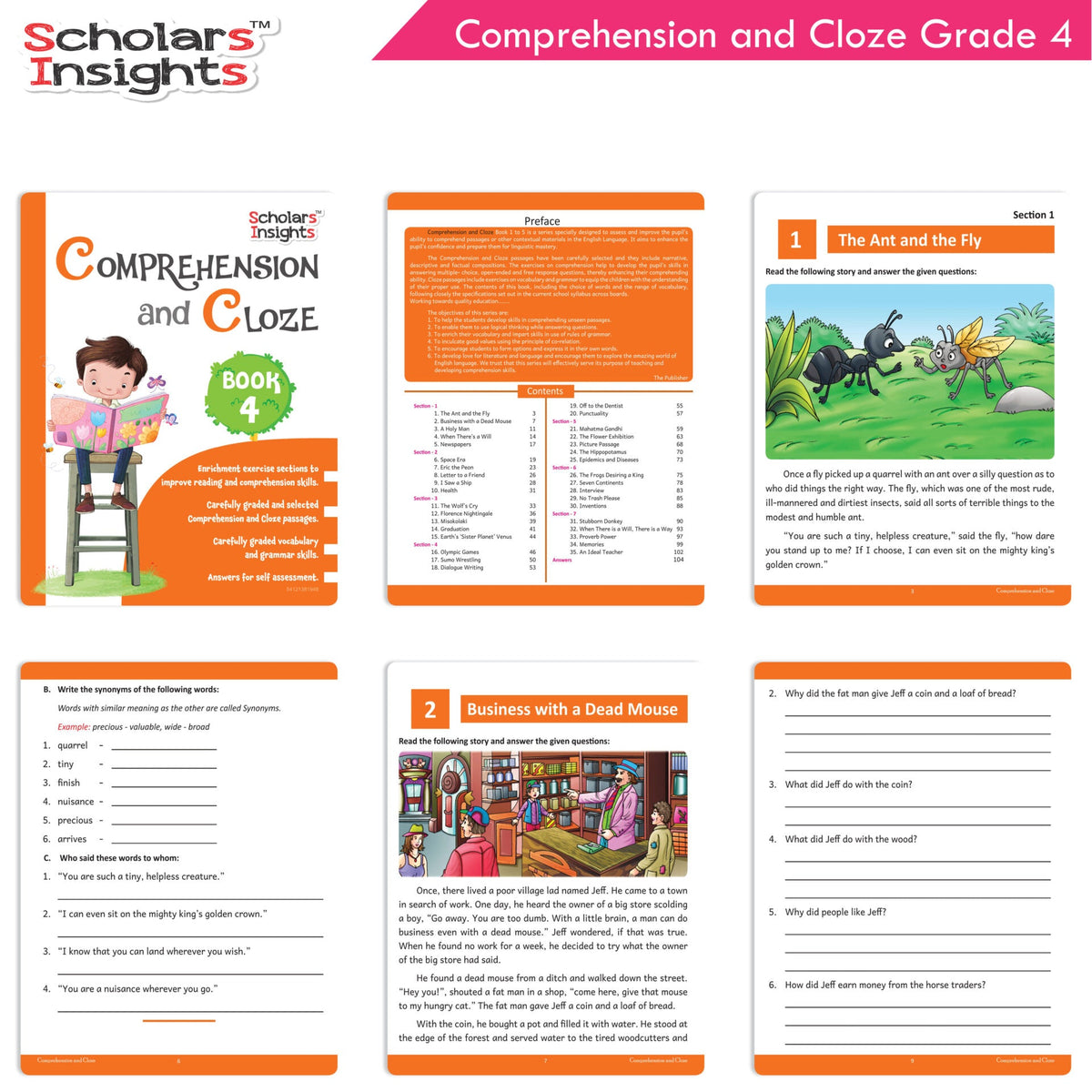 Scholars Insights Comprehension and Cloze Grade 4|English Vocabulary, Grammar Skill Book 4| Ages 9-10 Years | Grocsy