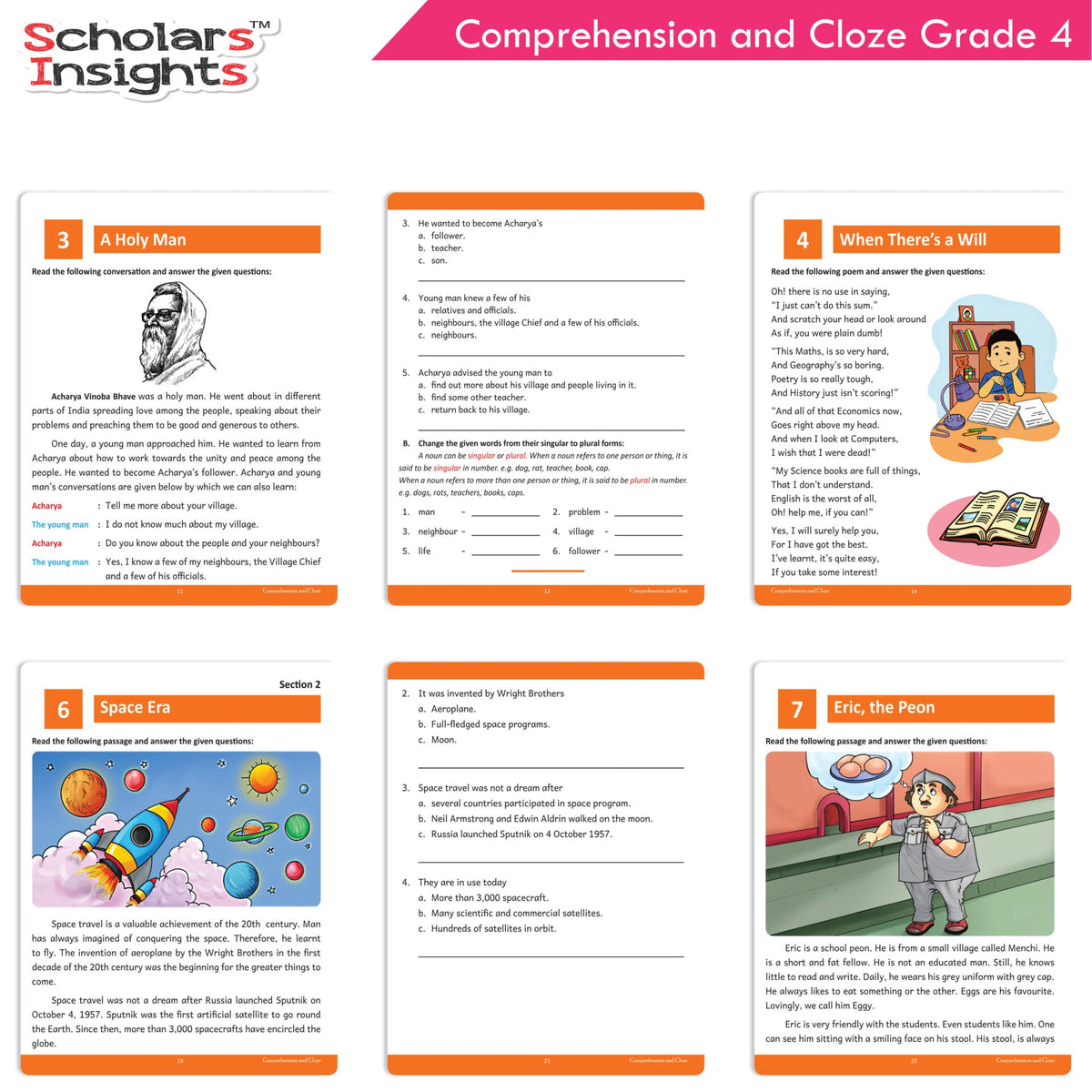 Scholars Insights Comprehension and Cloze Grade 4|English Vocabulary, Grammar Skill Book 4| Ages 9-10 Years | Grocsy