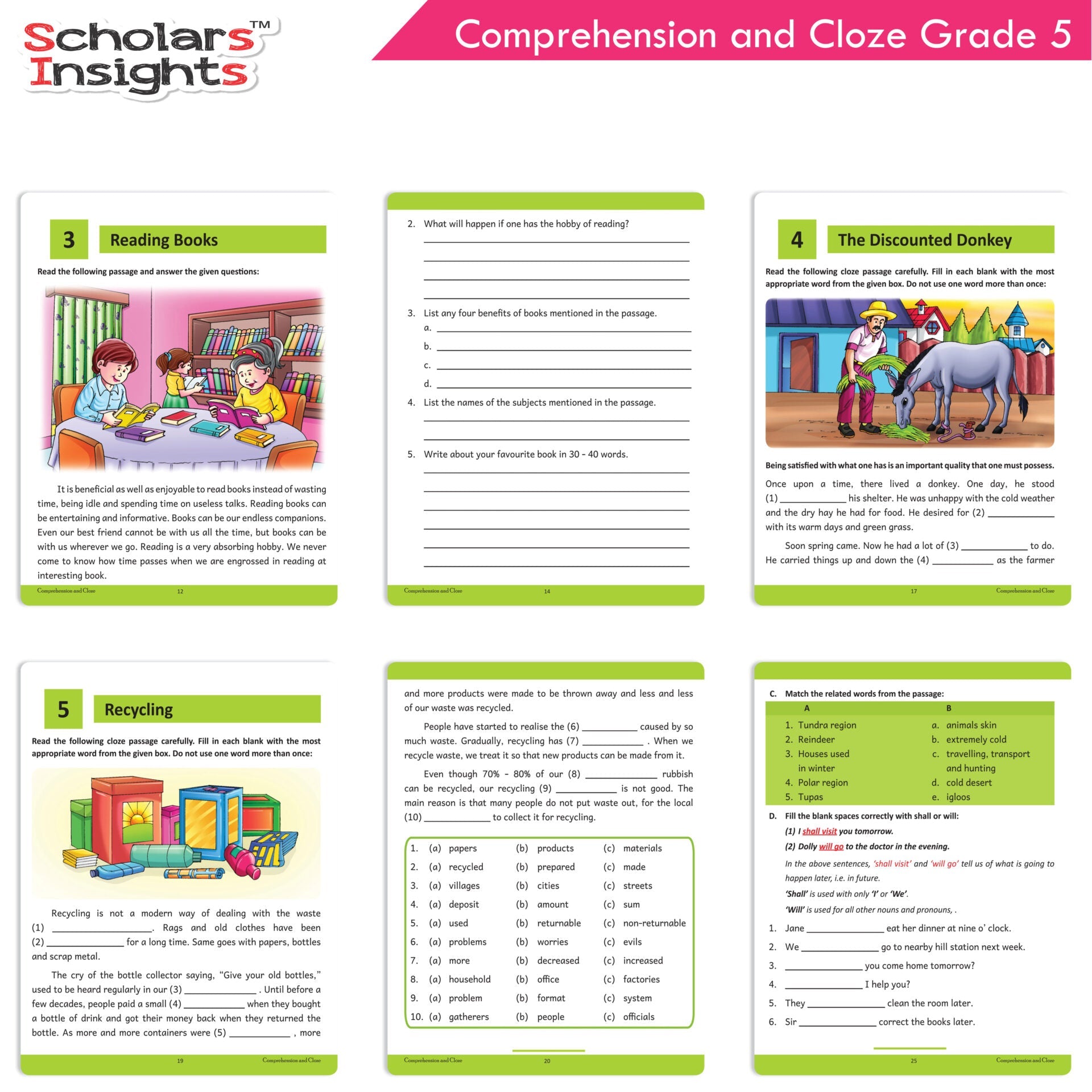 Scholars Insights Comprehension and Cloze Grade 5|English Vocabulary, Grammar Skill Book 5| Ages 10-11 Years | Grocsy