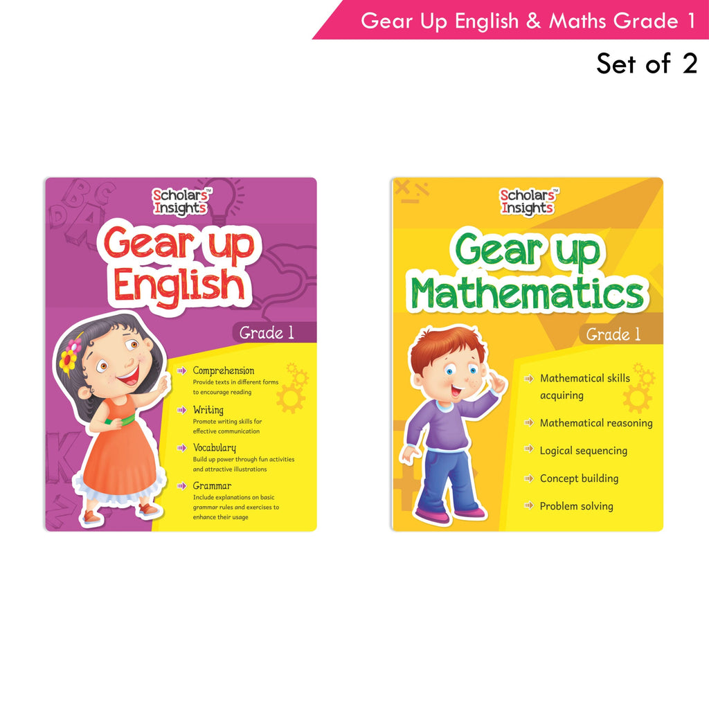Scholars Insights Gear Up English & Maths Grade 1 Books Set of 2|English Grammar, Logical Reasoning, Problem Solving Book for Kids| Ages 6-7 Years | Grocsy
