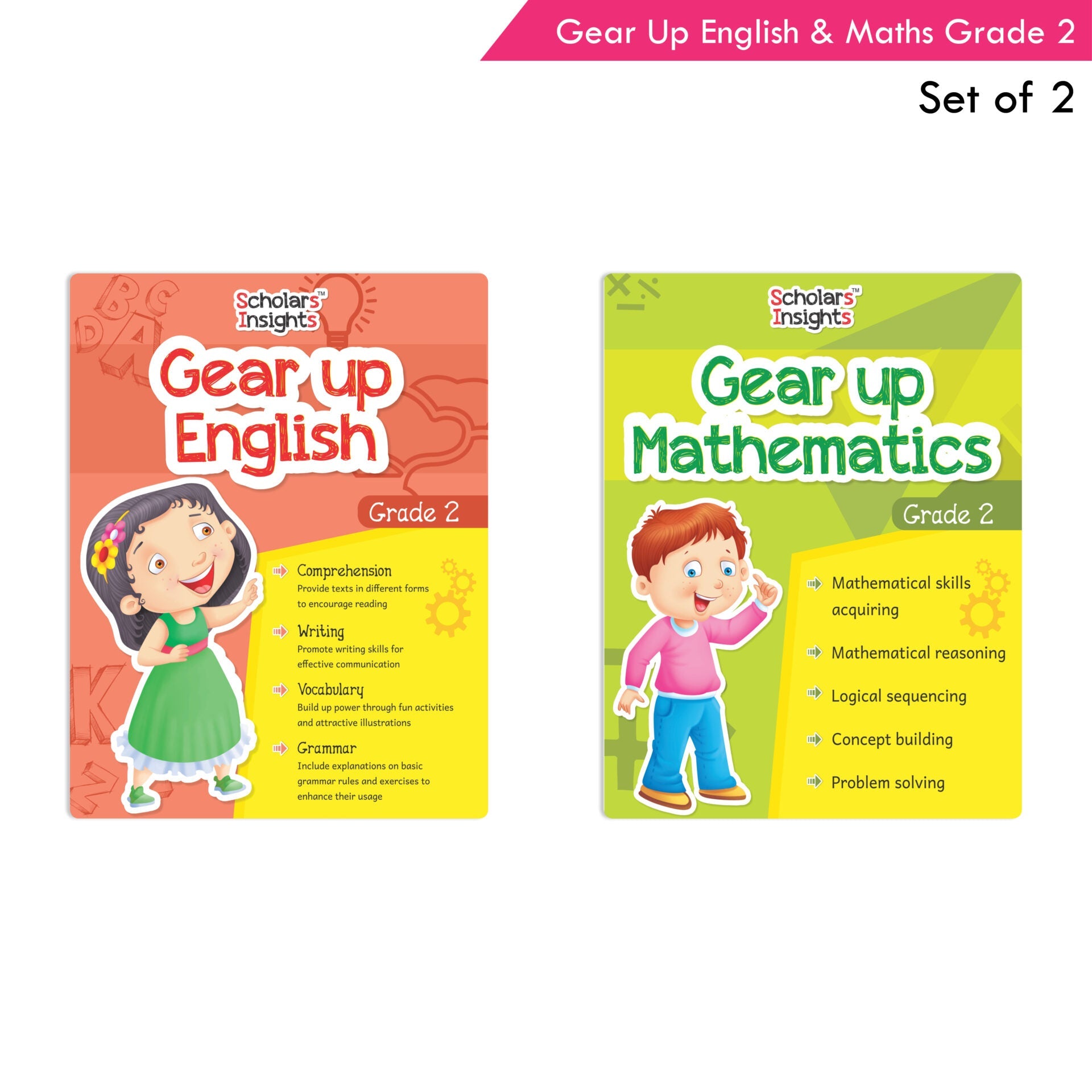 Scholars Insights Gear Up English & Maths Grade 2 Books Set of 2|Grammar Skills, Logical Reasoning, Problem Solving Book for Kids| Ages 7-8 Years | Grocsy