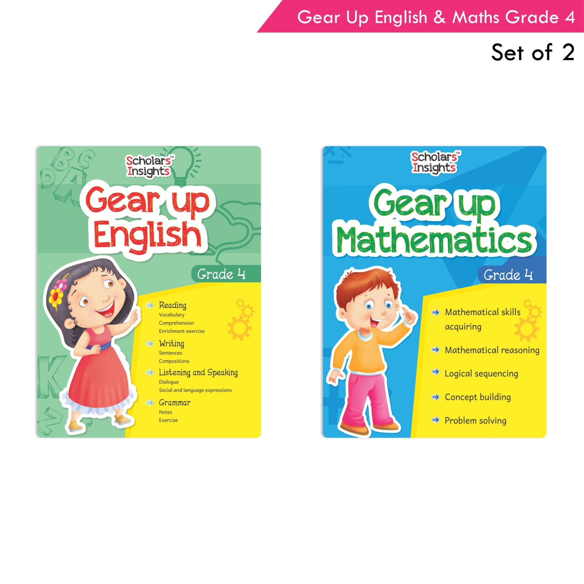 Scholars Insights Gear Up English & Maths Grade 4 Books Set Of 2 English Grammar Skills, Maths Logical Reasoning, Problem Solving Book Ages 9-10 Years | Grocsy