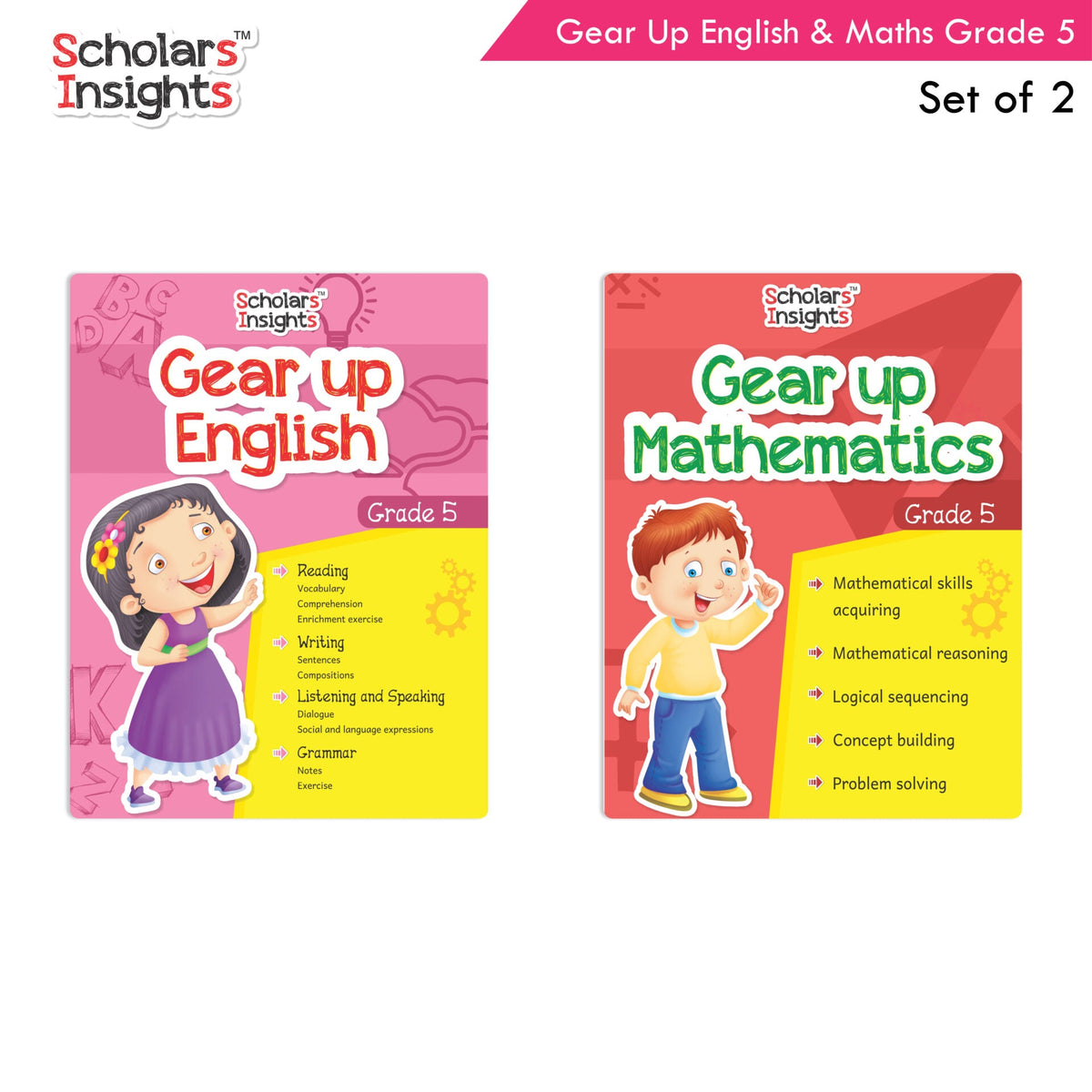 Scholars Insights Gear Up English & Maths Grade 5 Books Set Of 2| Grammar Skills, Maths Logical Reasoning, Problem Solving Book| Ages 10-11 Years | Grocsy