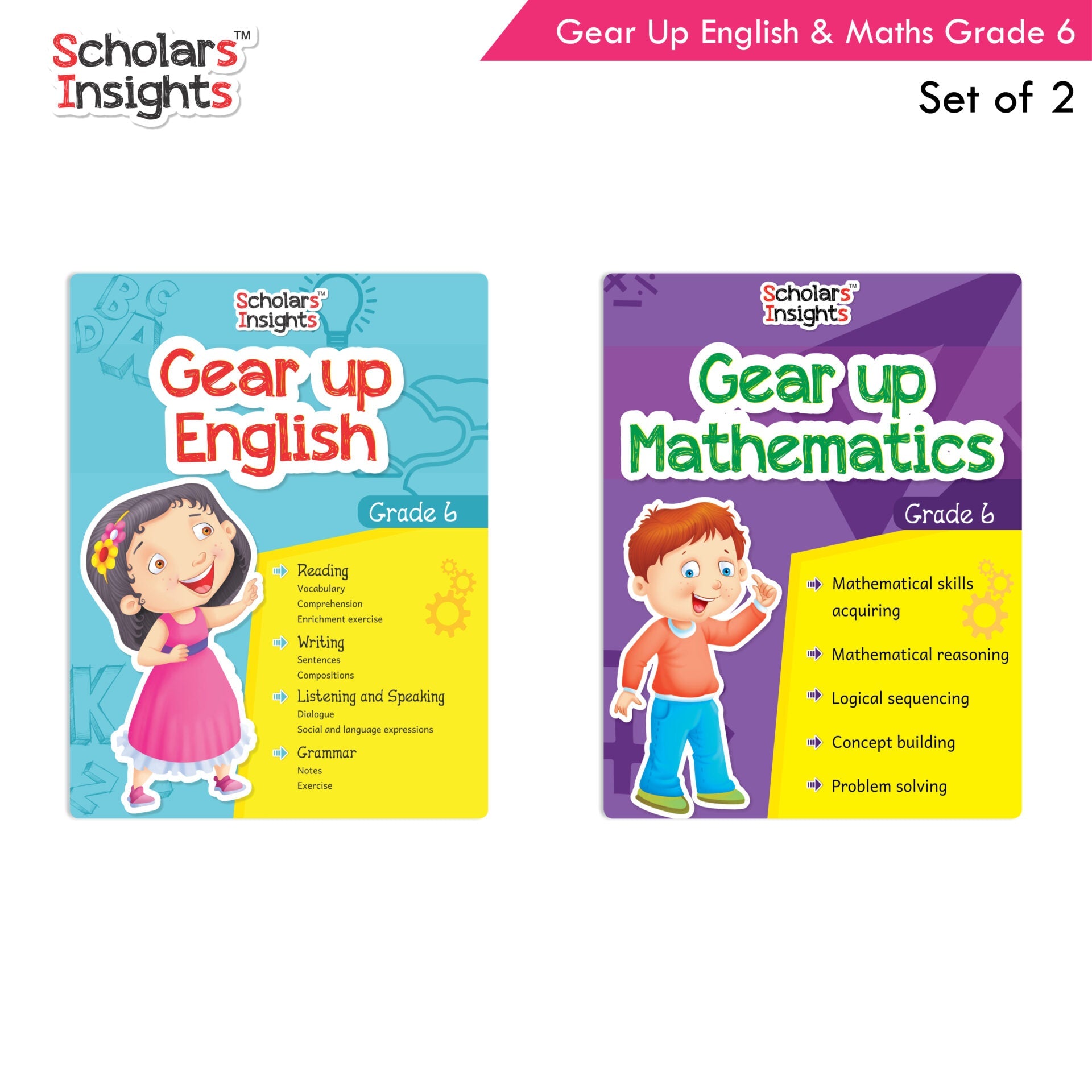 Scholars Insights Gear Up English & Maths Grade 6 Books Set Of 2 Grammar Skills, Maths Logical Reasoning, Problem Solving Book| Ages 11-12 Years | Grocsy