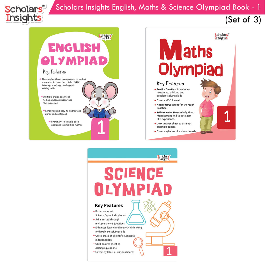 Scholars Insights Olympiad English, Maths and Science Workbooks Set Grade 1| Set of 3| Ages 6 - 8 Year | Grocsy