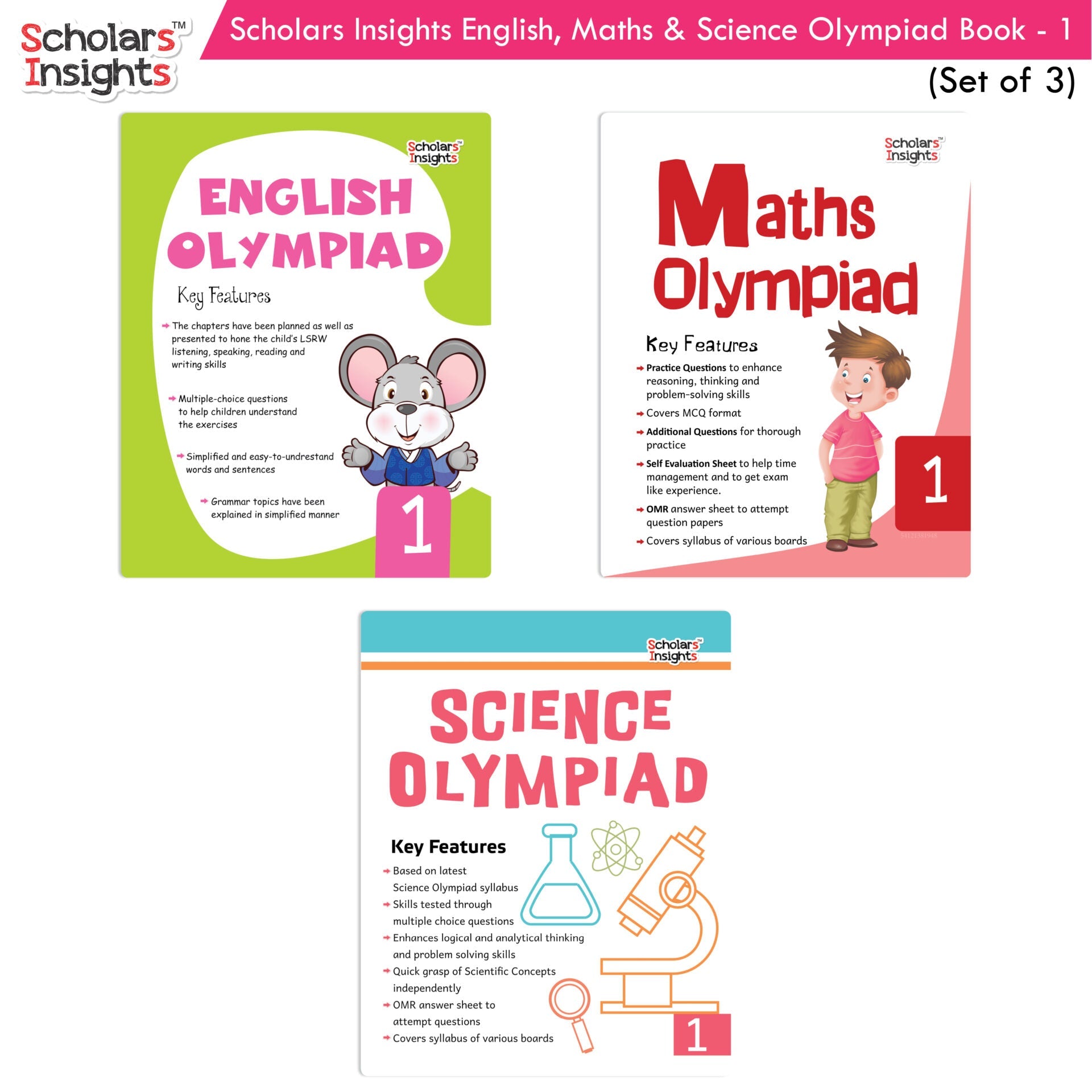 Scholars Insights Olympiad English, Maths and Science Workbooks Set Grade 1| Set of 3| Ages 6 - 8 Year | Grocsy