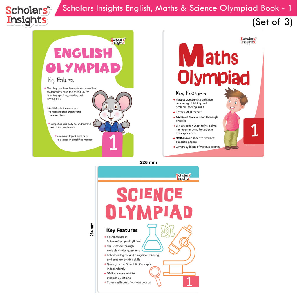 Scholars Insights Olympiad English, Maths and Science Workbooks Set Grade 1| Set of 3| Ages 6 - 8 Year | Grocsy
