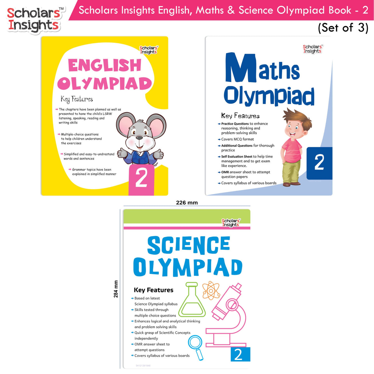 Scholars Insights Olympiad English, Maths and Science Workbooks Set Grade 2| Set of 3| Ages 7 - 9 Year | Grocsy