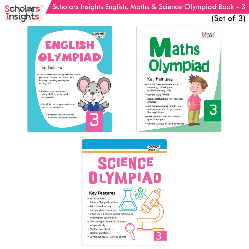 Scholars Insights Olympiad English, Maths and Science Workbooks Set Grade 3| Set of 3| Ages 8 - 10 Years | Grocsy