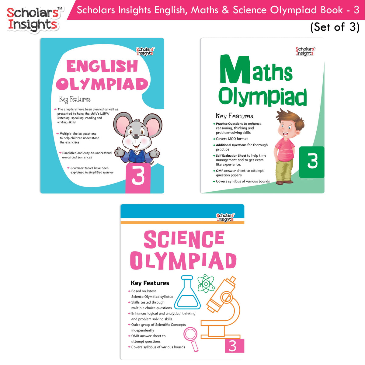 Scholars Insights Olympiad English, Maths and Science Workbooks Set Grade 3| Set of 3| Ages 8 - 10 Years | Grocsy
