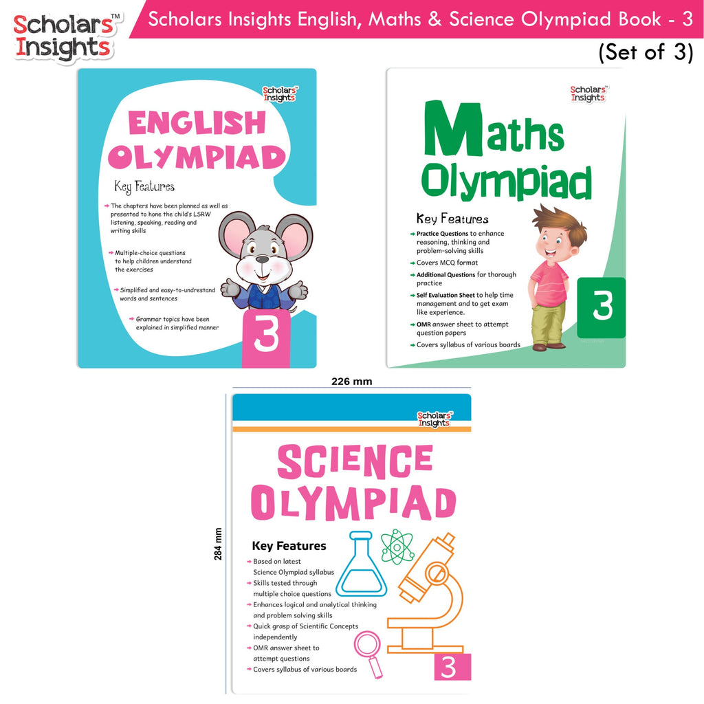 Scholars Insights Olympiad English, Maths and Science Workbooks Set Grade 3| Set of 3| Ages 8 - 10 Years | Grocsy