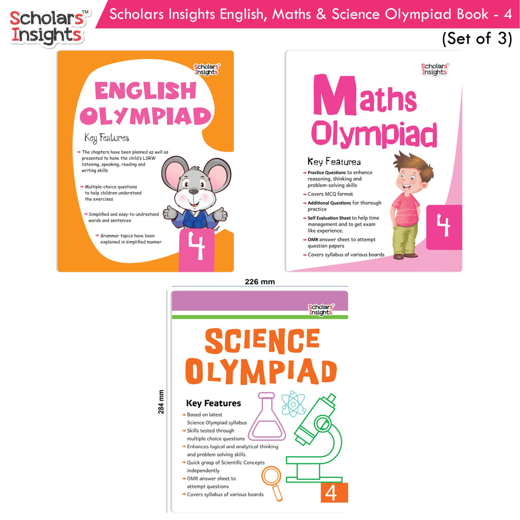 Scholars Insights Olympiad English, Maths and Science Workbooks Grade 4| Set of 3| Ages 9 - 11 Year | Grocsy