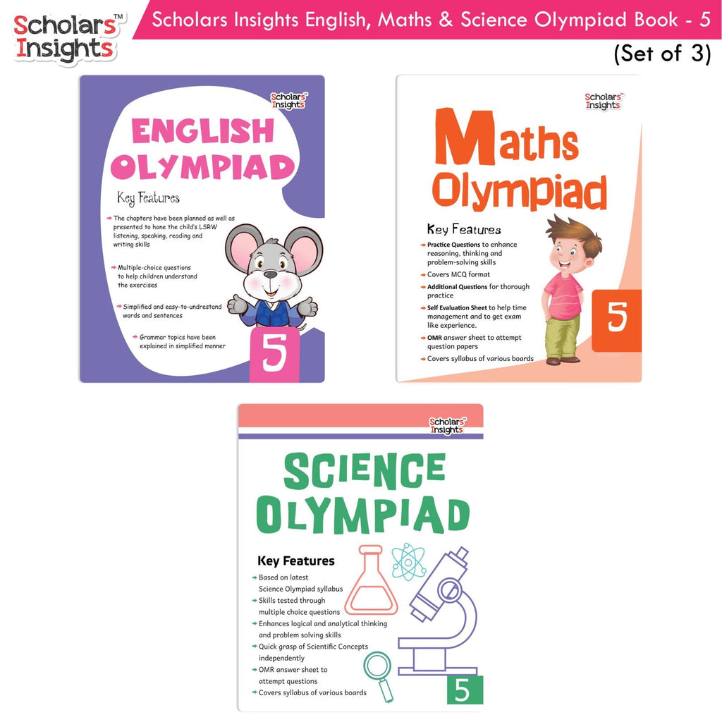 Scholars Insights Olympiad English, Maths and Science Workbooks Grade 5| Set of 3| Ages 10 - 12 Year | Grocsy