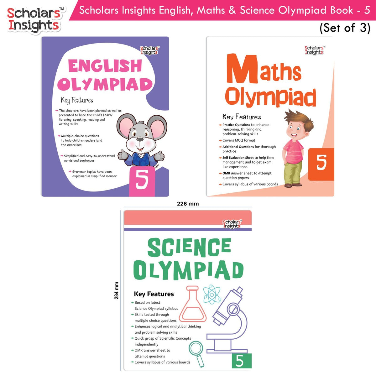 Scholars Insights Olympiad English, Maths and Science Workbooks Grade 5| Set of 3| Ages 10 - 12 Year | Grocsy