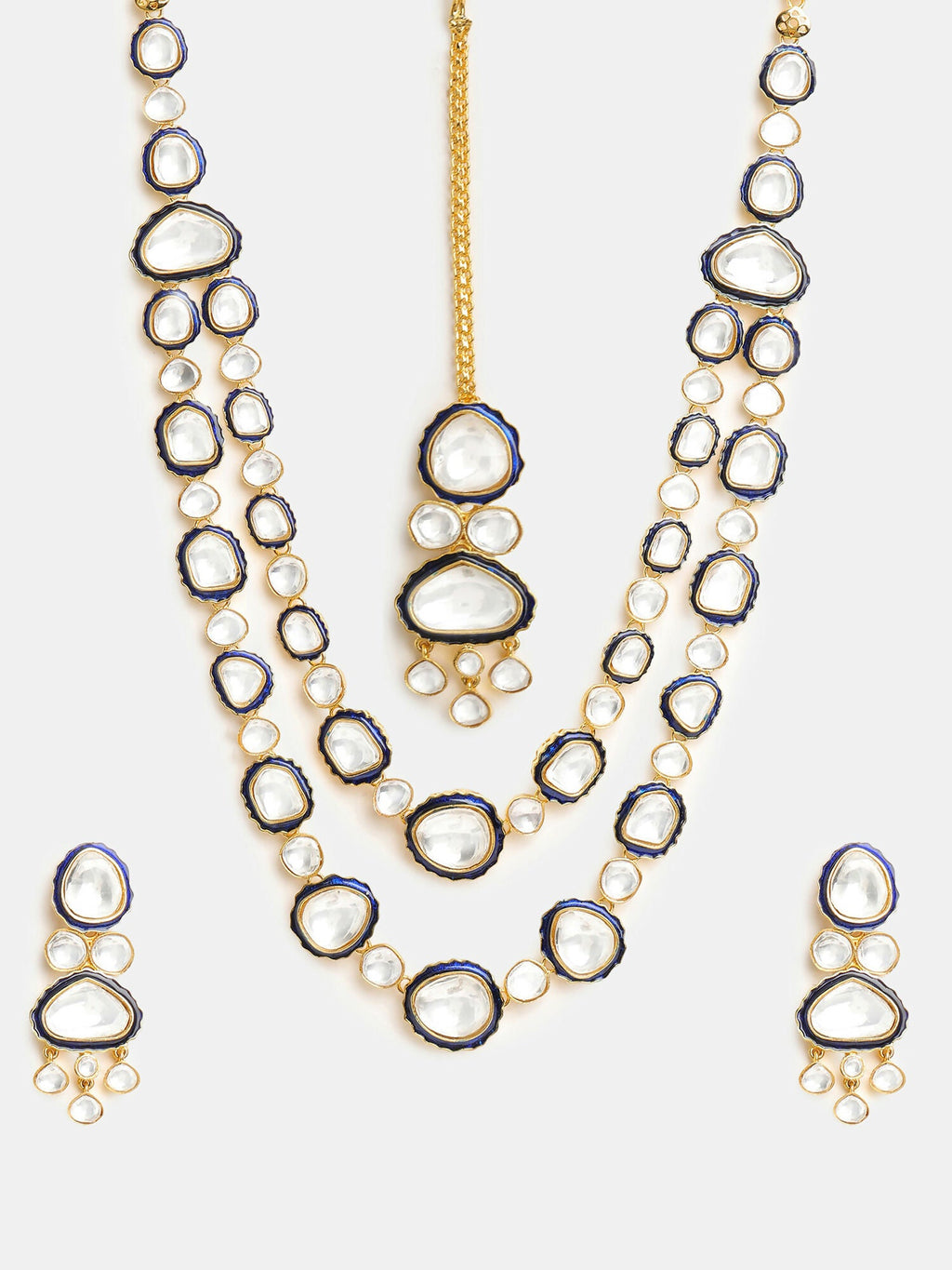 Ruby Raang 22k Gold Polished Blue Meenakari Kundan Layered Necklace With Earrings & Maang Tikka | Grocsy