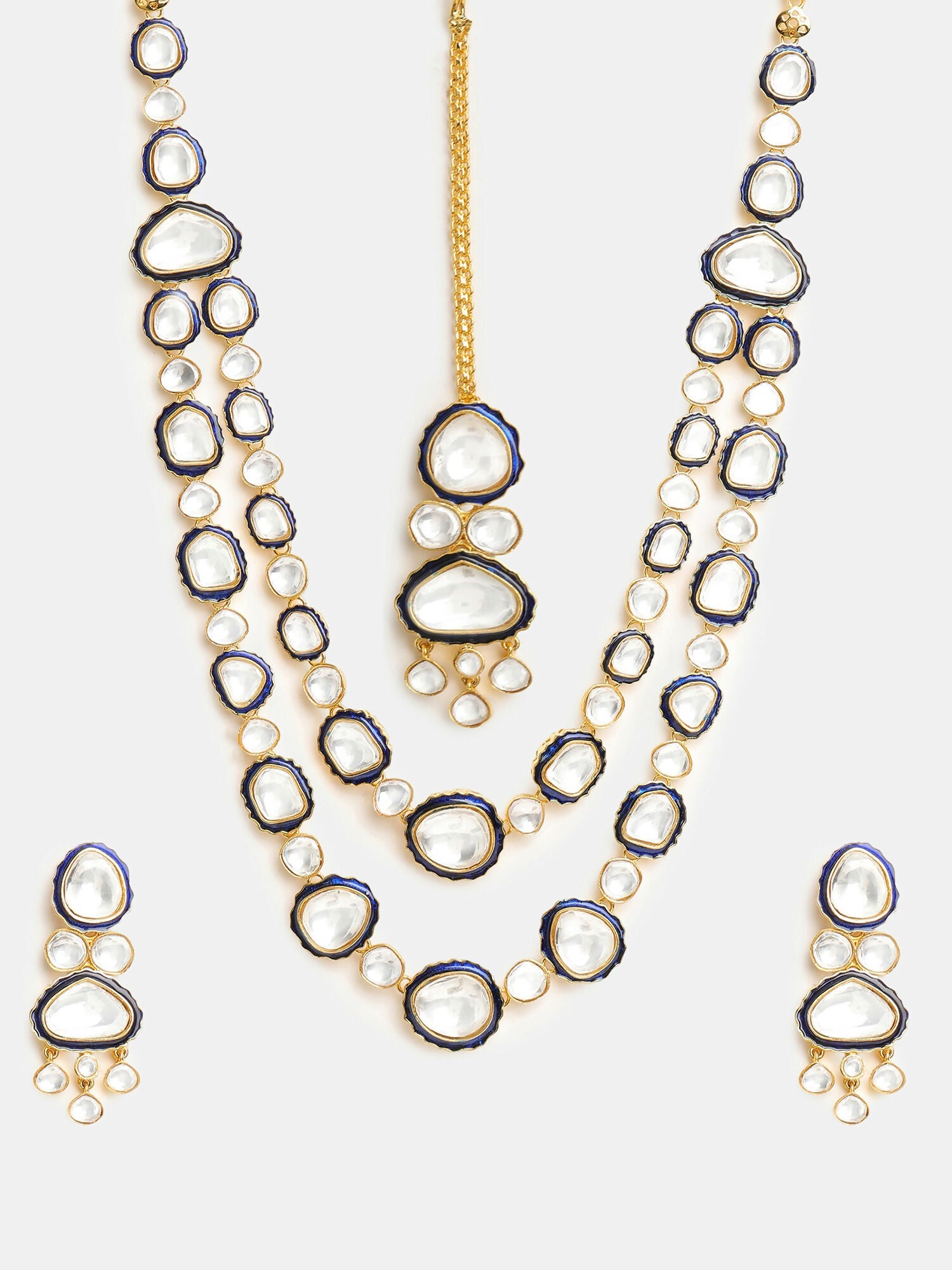 Ruby Raang 22k Gold Polished Blue Meenakari Kundan Layered Necklace With Earrings & Maang Tikka | Grocsy