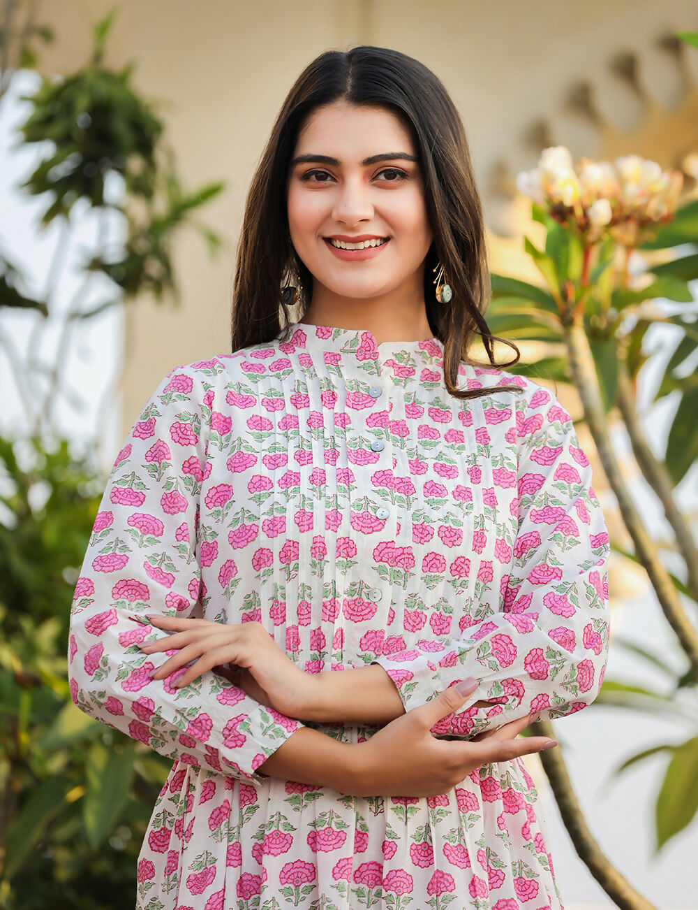Kaajh Women's Pink Floral Print Cotton Handblock Dress | Grocsy
