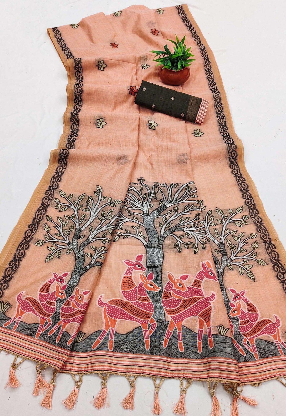 Vastranavya Peach Muga Cotton Meenakari & Azarakh Pallu Saree with Contrast Blouse | Grocsy