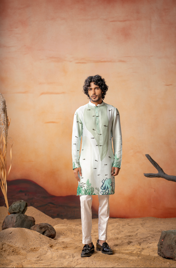 Oceanic Serenity Cotton Kurta by Hilo Design | Grocsy