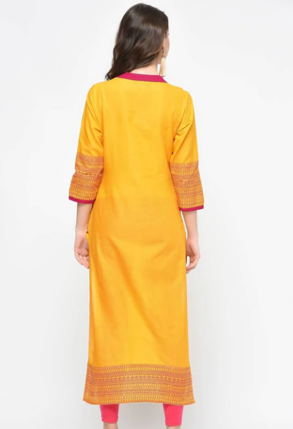 Cheera Hand Block Print Mustard Color Latest Fashion Straight Kurta | Grocsy