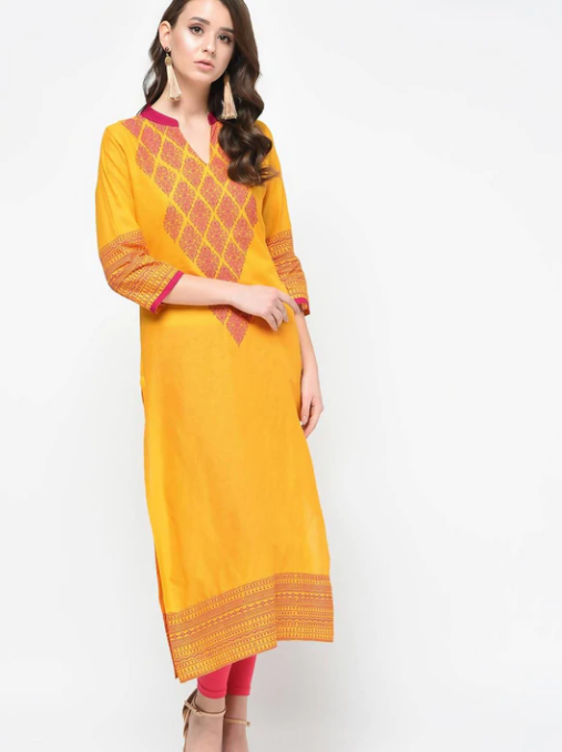 Cheera Hand Block Print Mustard Color Latest Fashion Straight Kurta | Grocsy