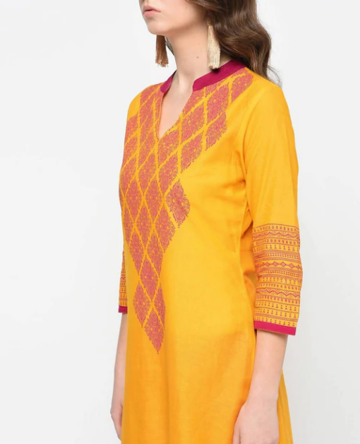 Cheera Hand Block Print Mustard Color Latest Fashion Straight Kurta | Grocsy