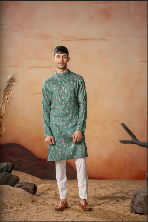Green Floral Printed Kurta by Hilo Design | Grocsy