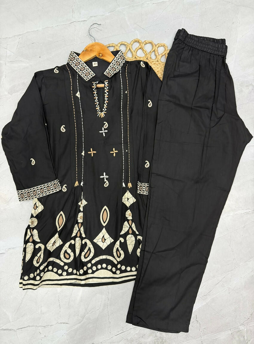 Teeya Creation Women Black Printed Cotton Kurti With Trousers Co-Ord Set | Grocsy