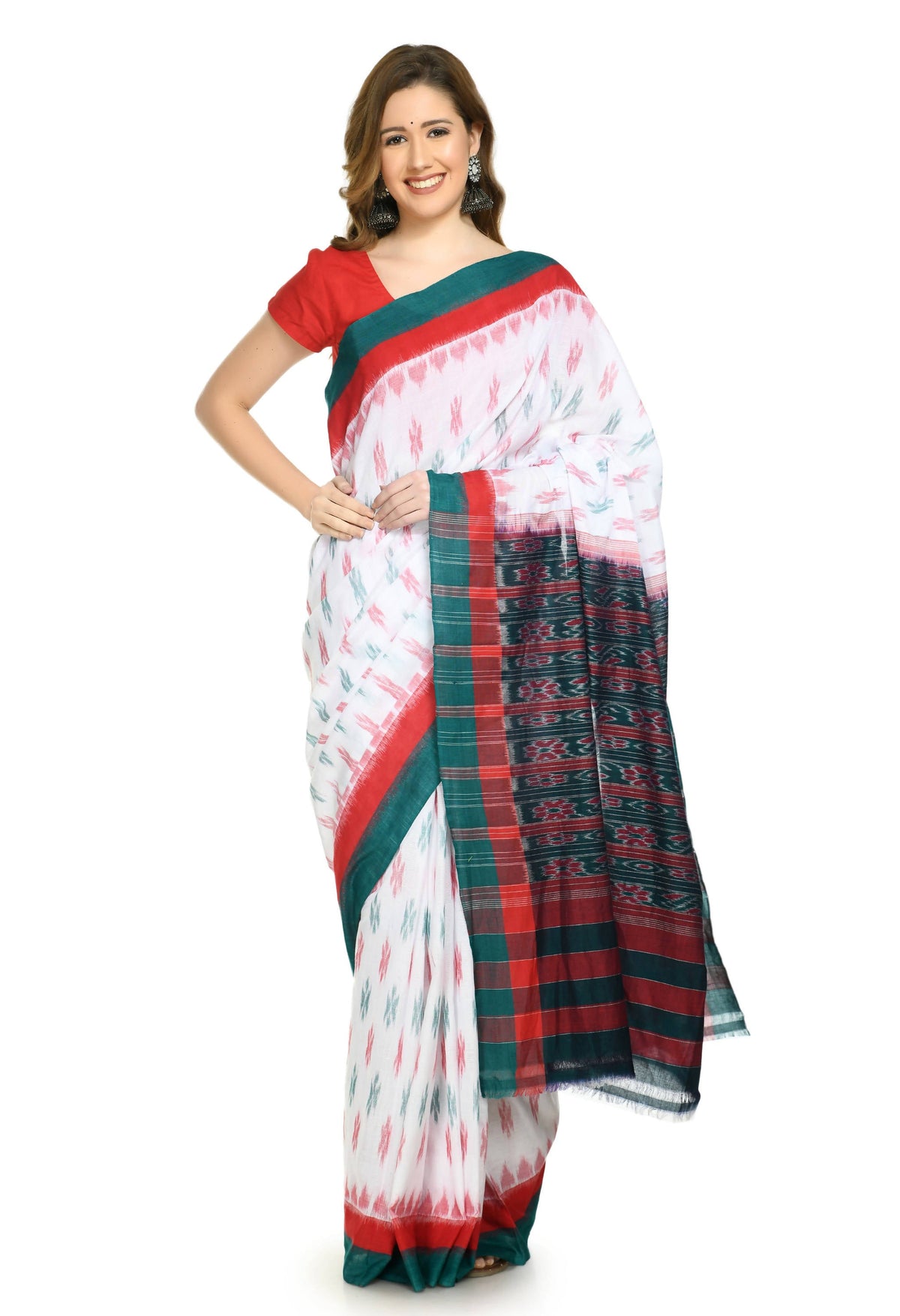 Vamika Sambalpuri Ikat Cotton Dehabandha White, Red & Green Saree | Grocsy