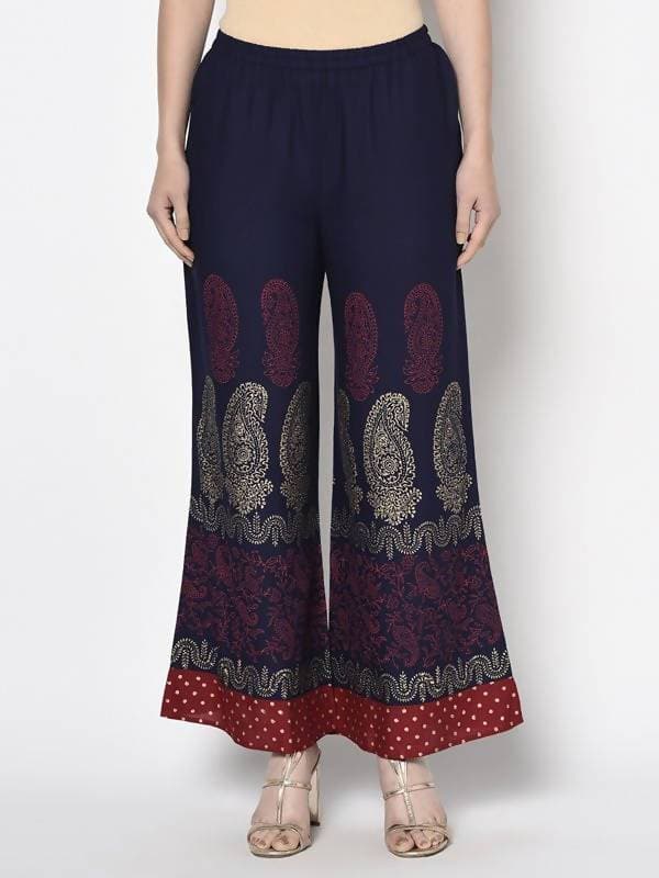 Aniyah Rayon Navy Blue Color Block Print Flared Slip-On Palazzo (AN-178K) | Grocsy