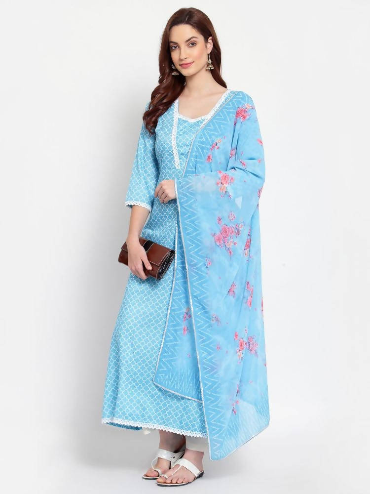 Myshka Women's Blue Printed Cotton Blend 3/4 Sleeve Square Neck Casual Anarkali Kurta Dupatta Set | Grocsy