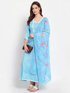 Myshka Women's Blue Printed Cotton Blend 3/4 Sleeve Square Neck Casual Anarkali Kurta Dupatta Set | Grocsy