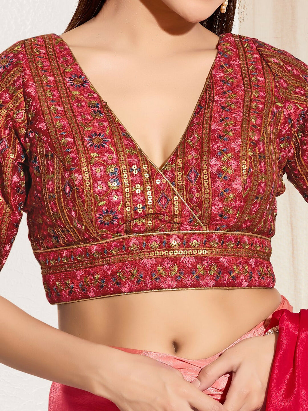 Joban Fashion Maroon Mulberry Silk Padded Blouse With V Neck Elbow Sleeves | Grocsy