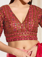 Joban Fashion Maroon Mulberry Silk Padded Blouse With V Neck Elbow Sleeves | Grocsy