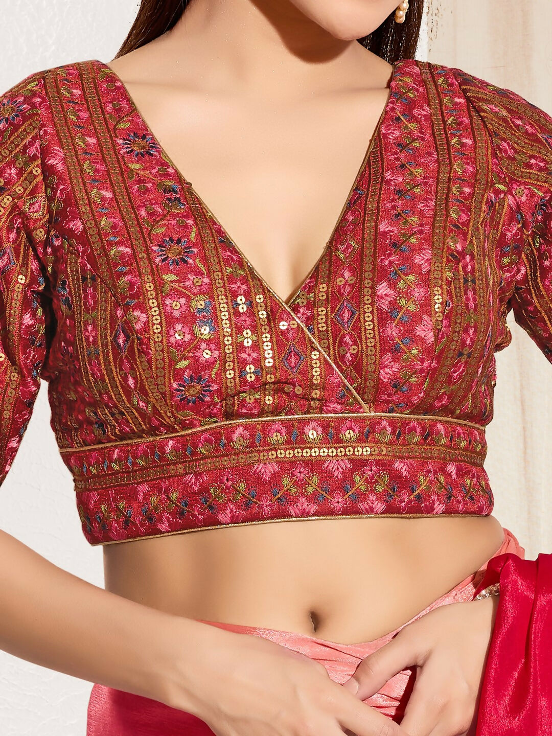 Joban Fashion Maroon Mulberry Silk Padded Blouse With V Neck Elbow Sleeves | Grocsy