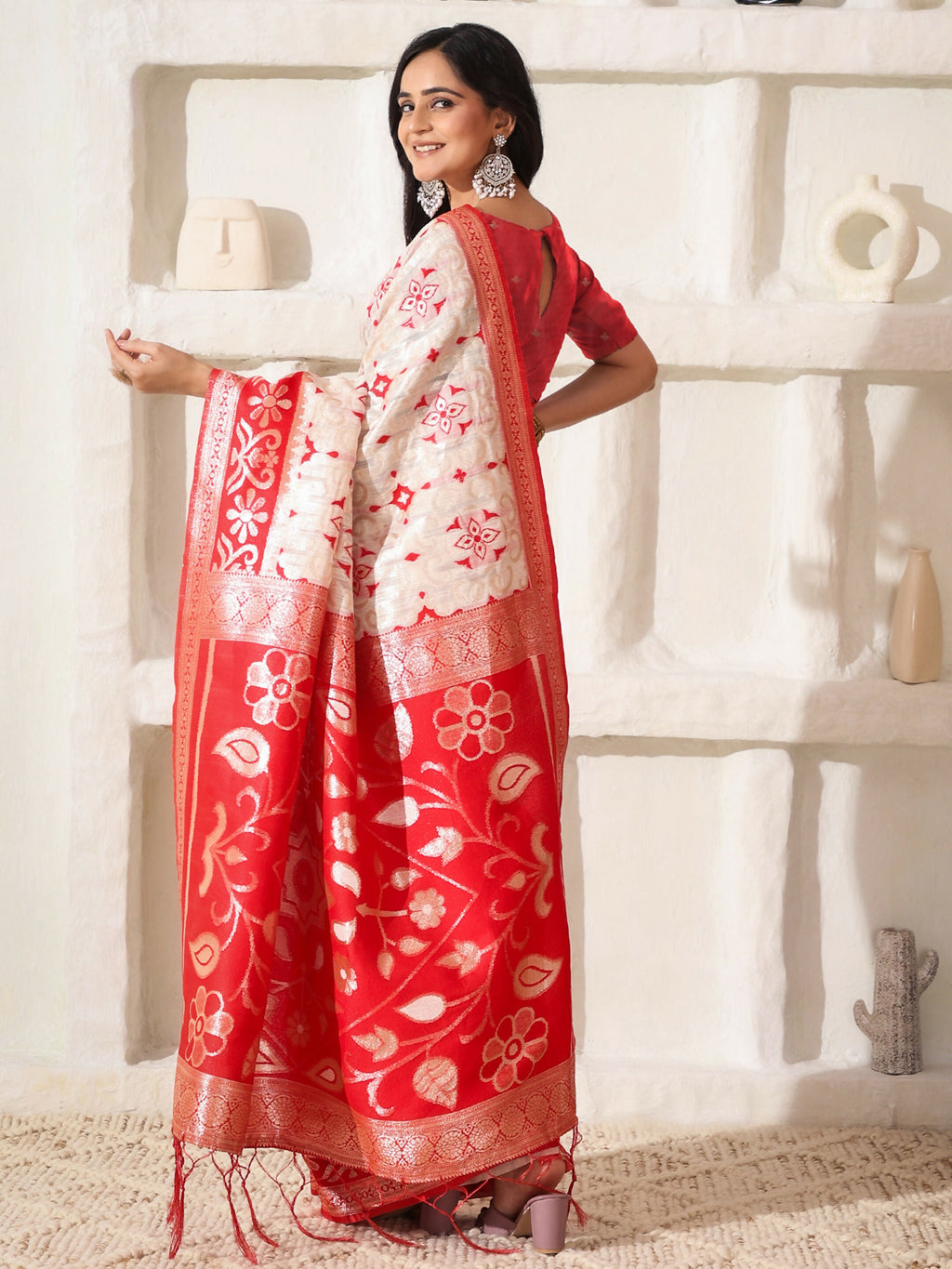 Shree Shyam Fashion Linen Cotton Red & White Saree | Grocsy