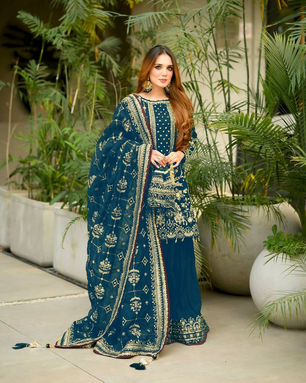 Teeya Creation Teal Faux georgette Designer heavy work Wedding Wear Palazzo pair | Grocsy