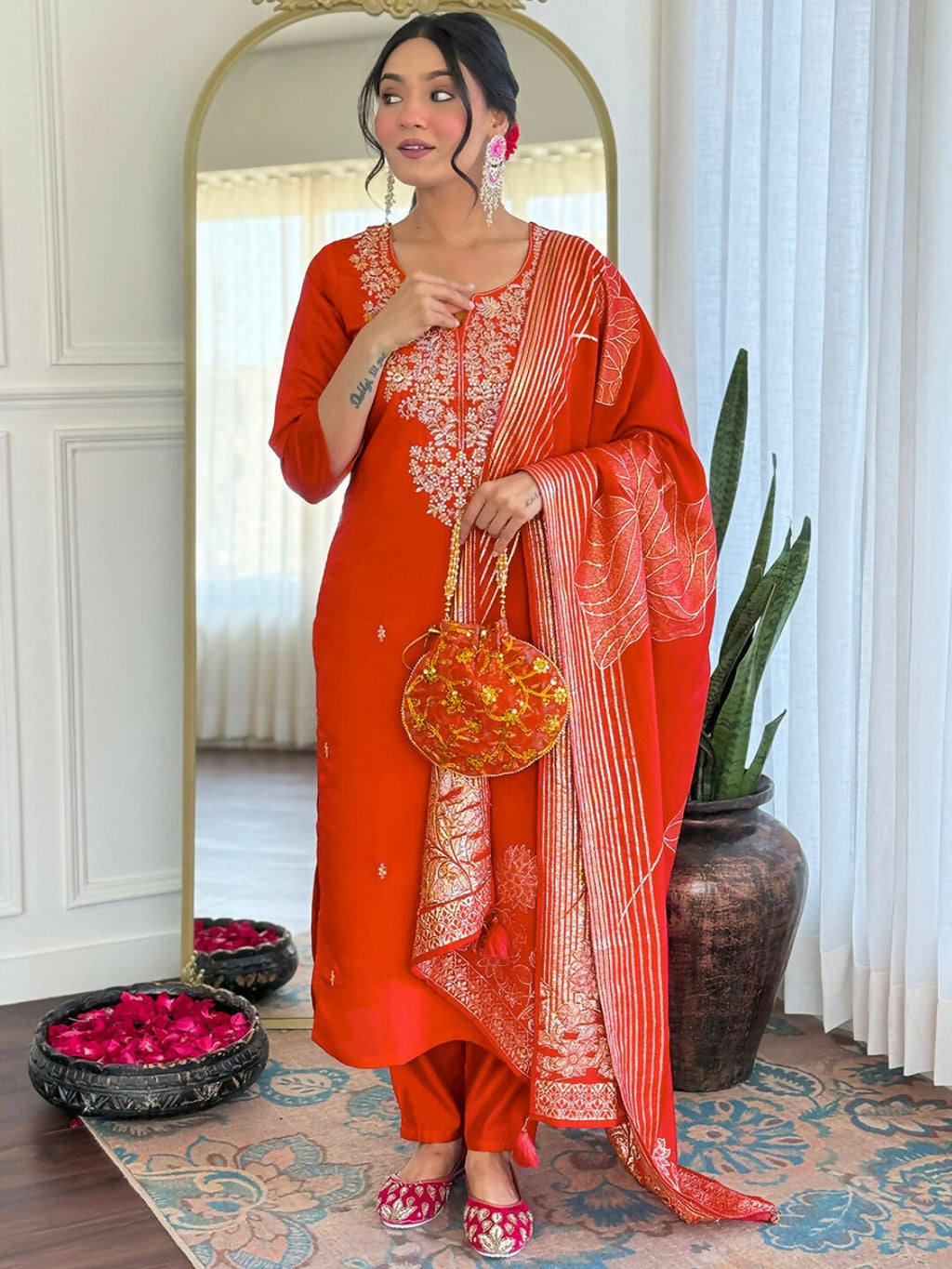 The52 Rust Women's Gorgeous Roman Silk Fabric Straight Kurta, Pant and Dupatta Set | Grocsy