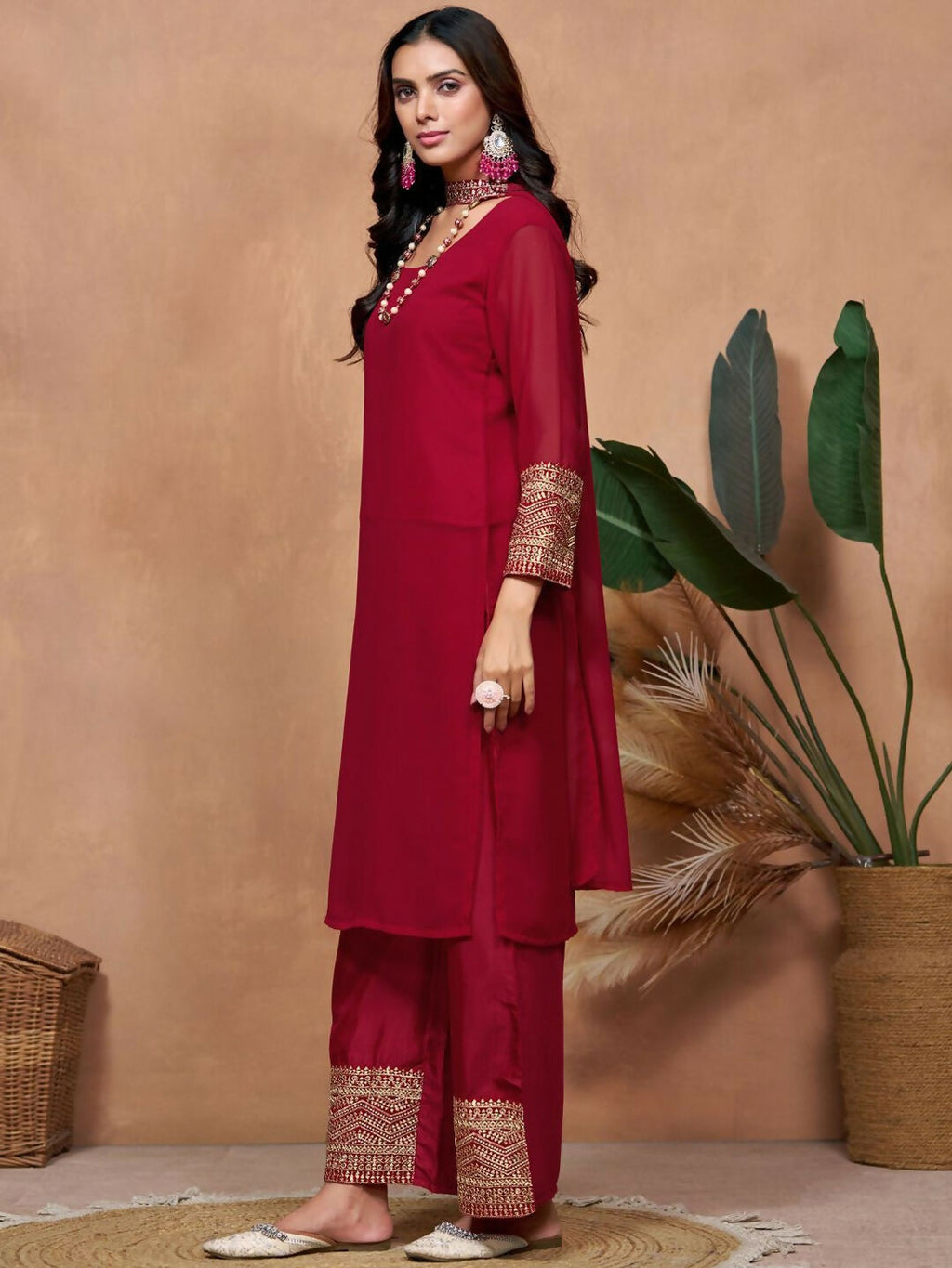 The52 Women's Beautiful Georgette Fabric Embroidery Work Straight Kurta Palazzo and Dupatta Set | Grocsy