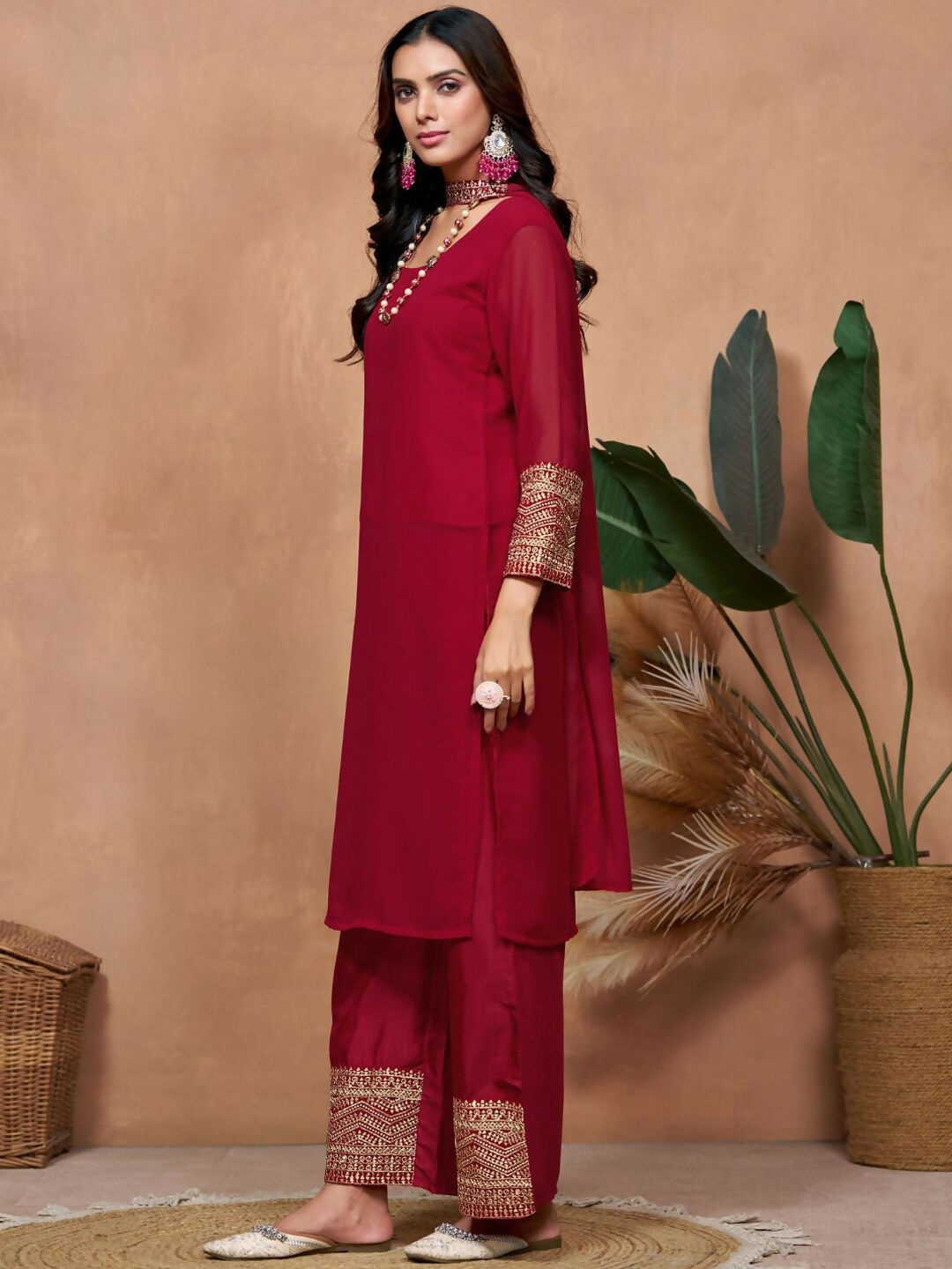 The52 Women's Beautiful Georgette Fabric Embroidery Work Straight Kurta Palazzo and Dupatta Set | Grocsy