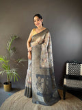 Joban Fashion Grey Floral Motifs Banarasi Silk Sarees | Grocsy