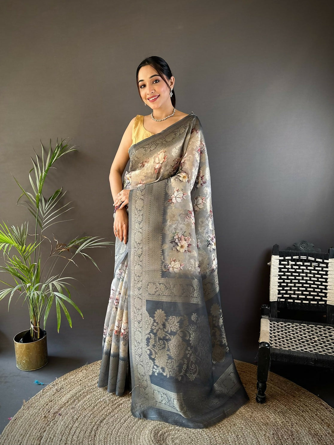 Joban Fashion Grey Floral Motifs Banarasi Silk Sarees | Grocsy