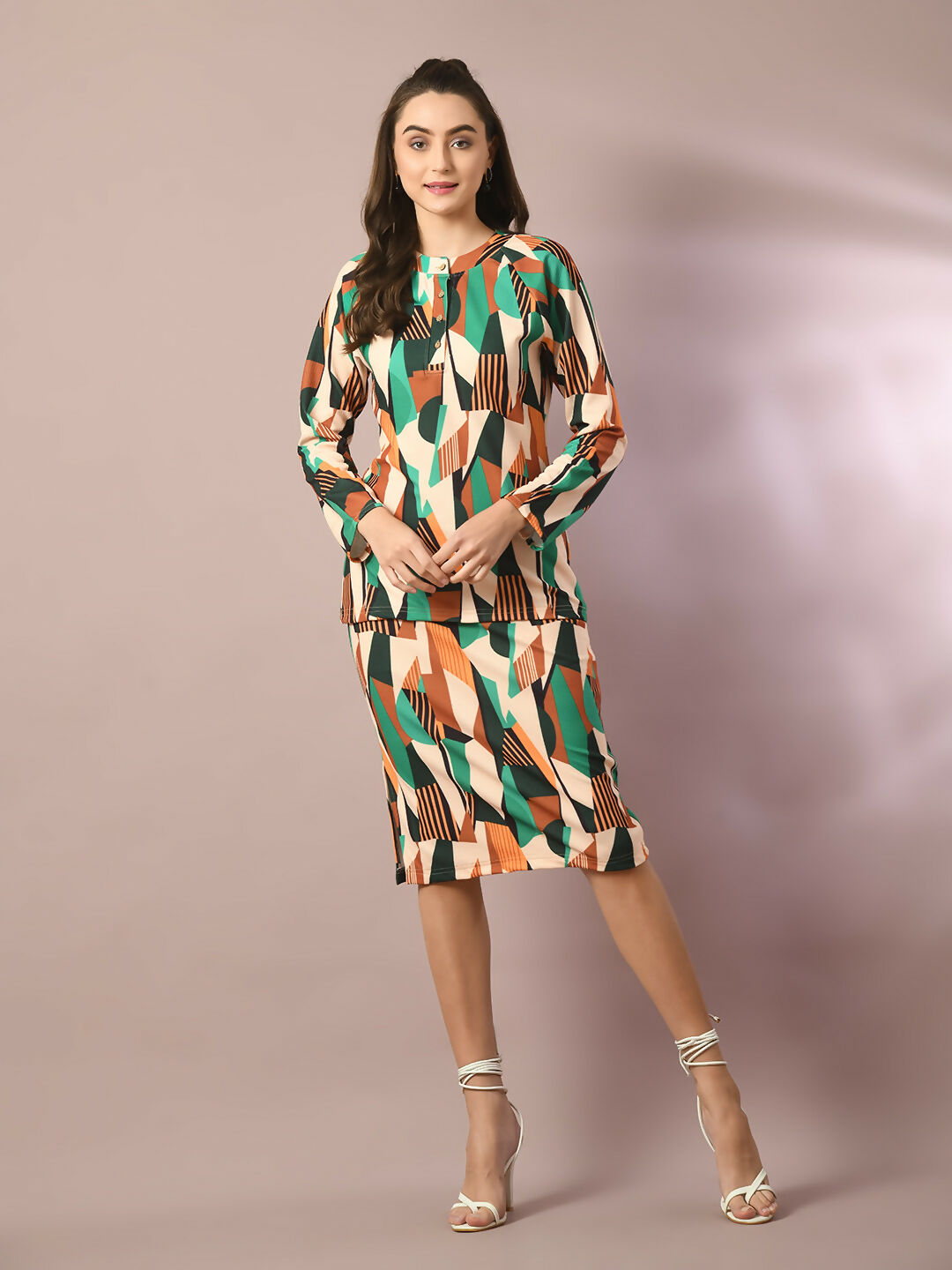 Myshka Women's Multi Printed Round Neck Party Top With Skirt Co-ord set | Grocsy