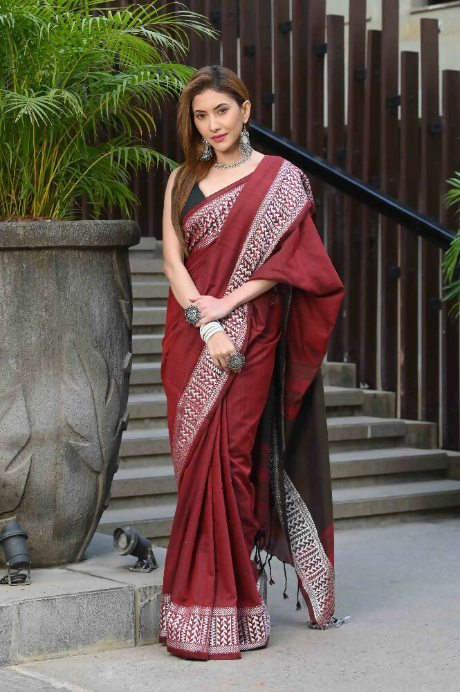 Beatitude Red Cotton Jacqaurd Border Tangail Handloom Saree | Grocsy
