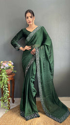 Vastranavya Green Rangoli Silk Real Mirror work with Swarovski work Ready to Wear Saree | Grocsy