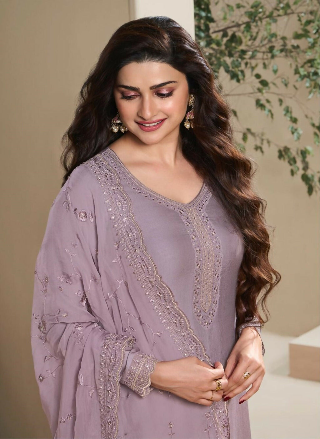 Anaita Purple Heavy Natural Crepe Stitched Suit with Embroidery & Zarkhan Work | Grocsy