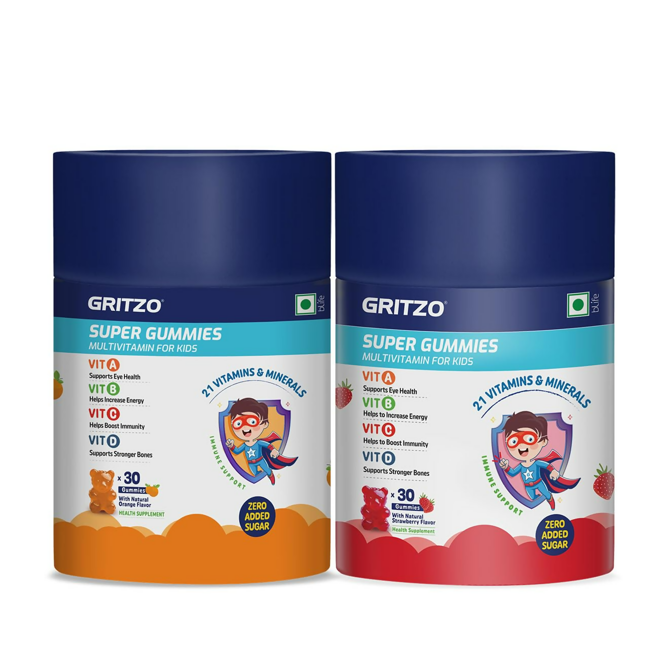 Gritzo Super Gummies, Multivitamin for Kids (Natural Strawberry & Natural Orange Flavours) | Grocsy