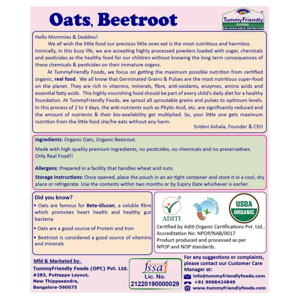 TummyFriendly Foods Certified Organic Oats, Beetroot Porridge Mix for 6 Months Old | Grocsy