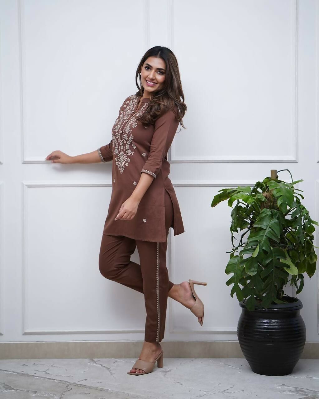 Joban Fashion Brown Kurta Set Rayon Embroidery Sequence Work | Grocsy